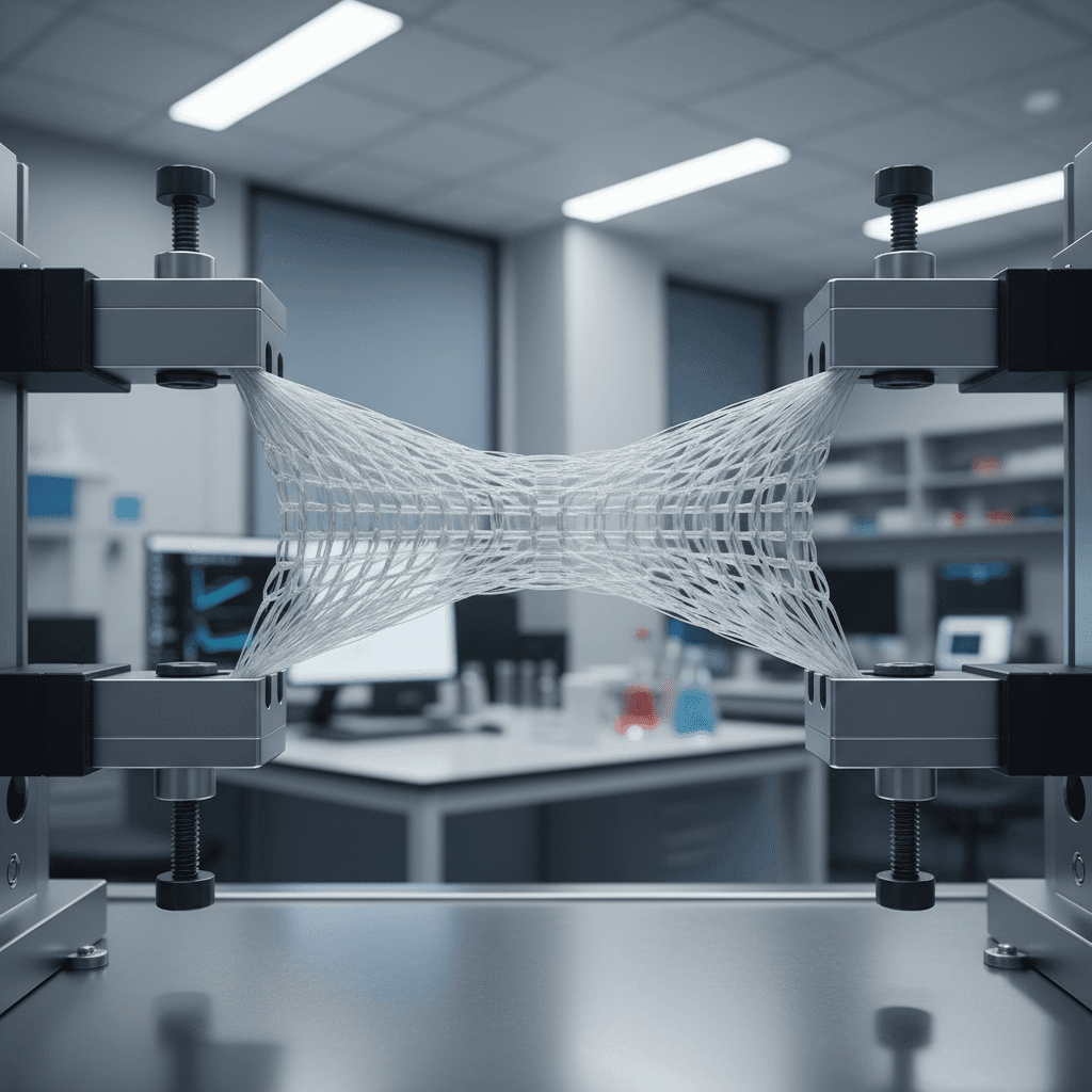 Plastic netting under stress testing in a bright laboratory setting