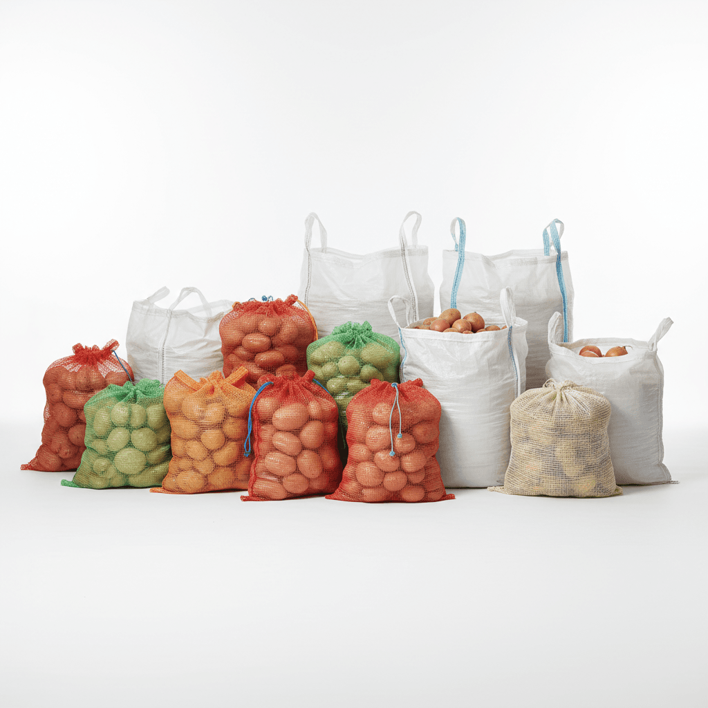 Durable mesh and woven packaging bags for agricultural and industrial use, displayed in a studio setting.