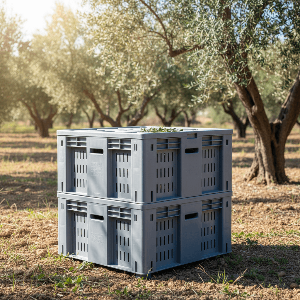 Stacked grey plastic pallet boxes in a sunlit Greek olive grove.