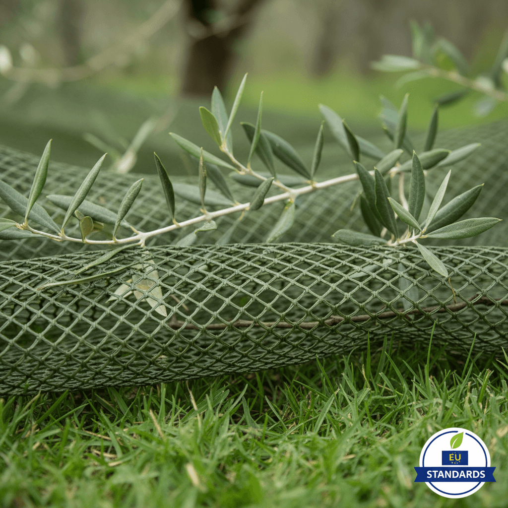 Macro shot of eco-friendly plastic net weave pattern on grass with EU standards badge
