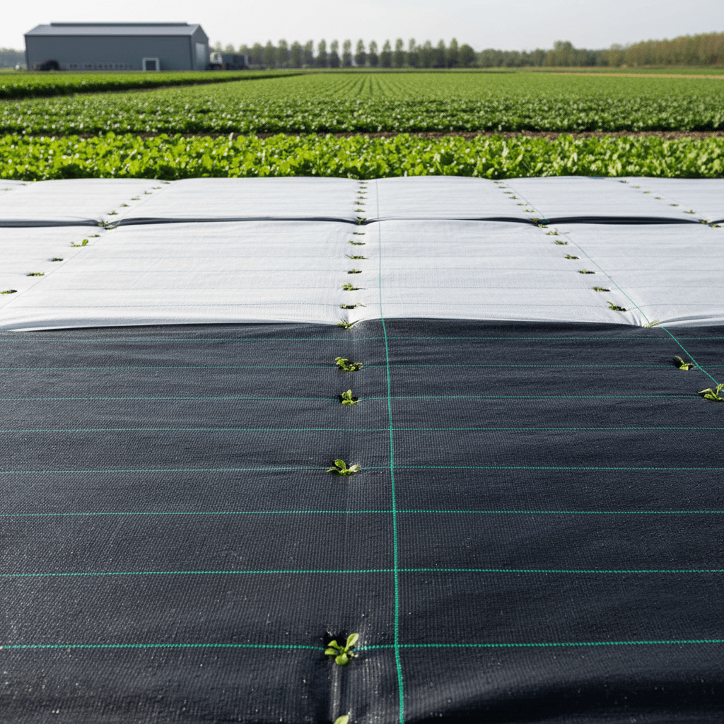 White and black weed control fabric spread on a green agricultural field, showcasing color options.