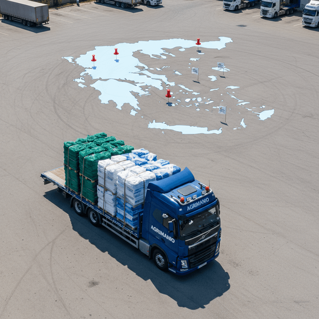 Agrimanio truck loaded with nets, map of Greece showing coverage areas