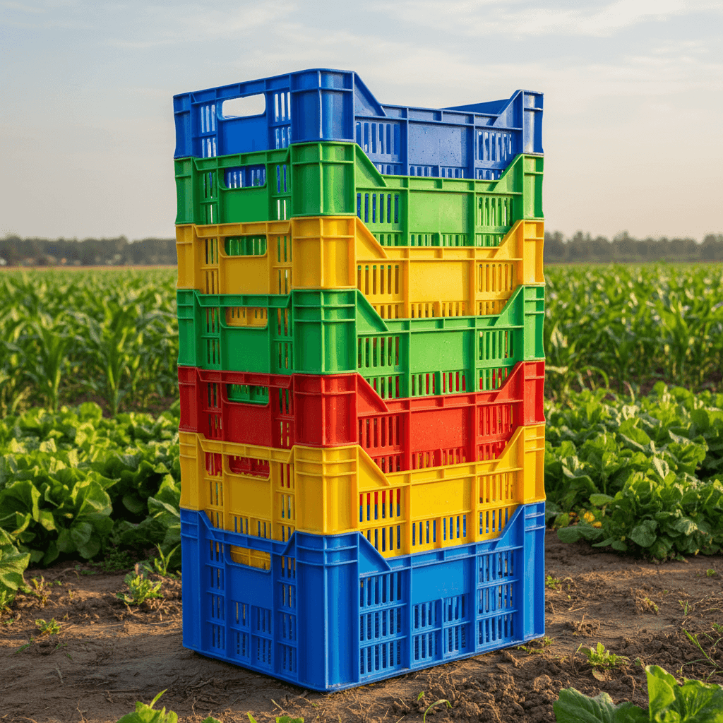 Stacked plastic crates for vegetables in an agricultural setting, showcasing durability and color options.