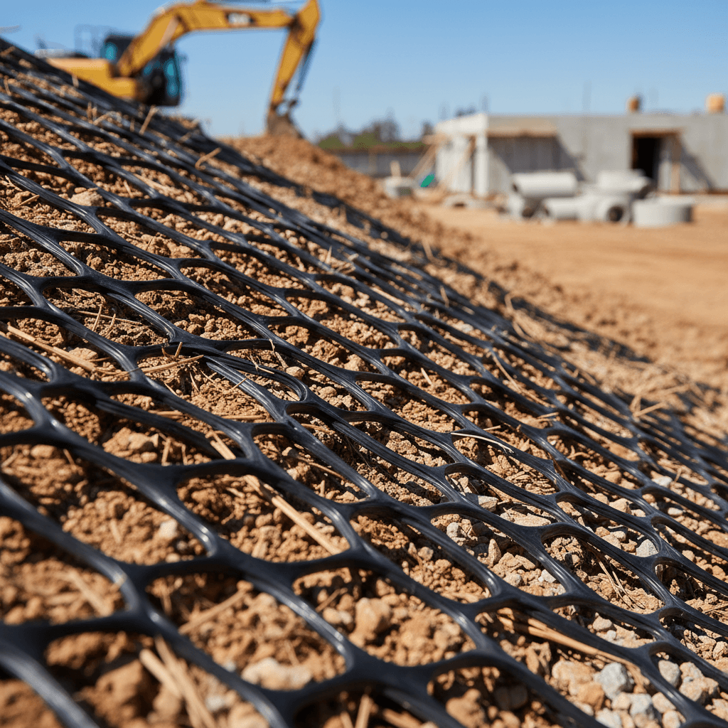 Close-up of plastic mesh netting anchoring soil and aggregate material on construction site slope