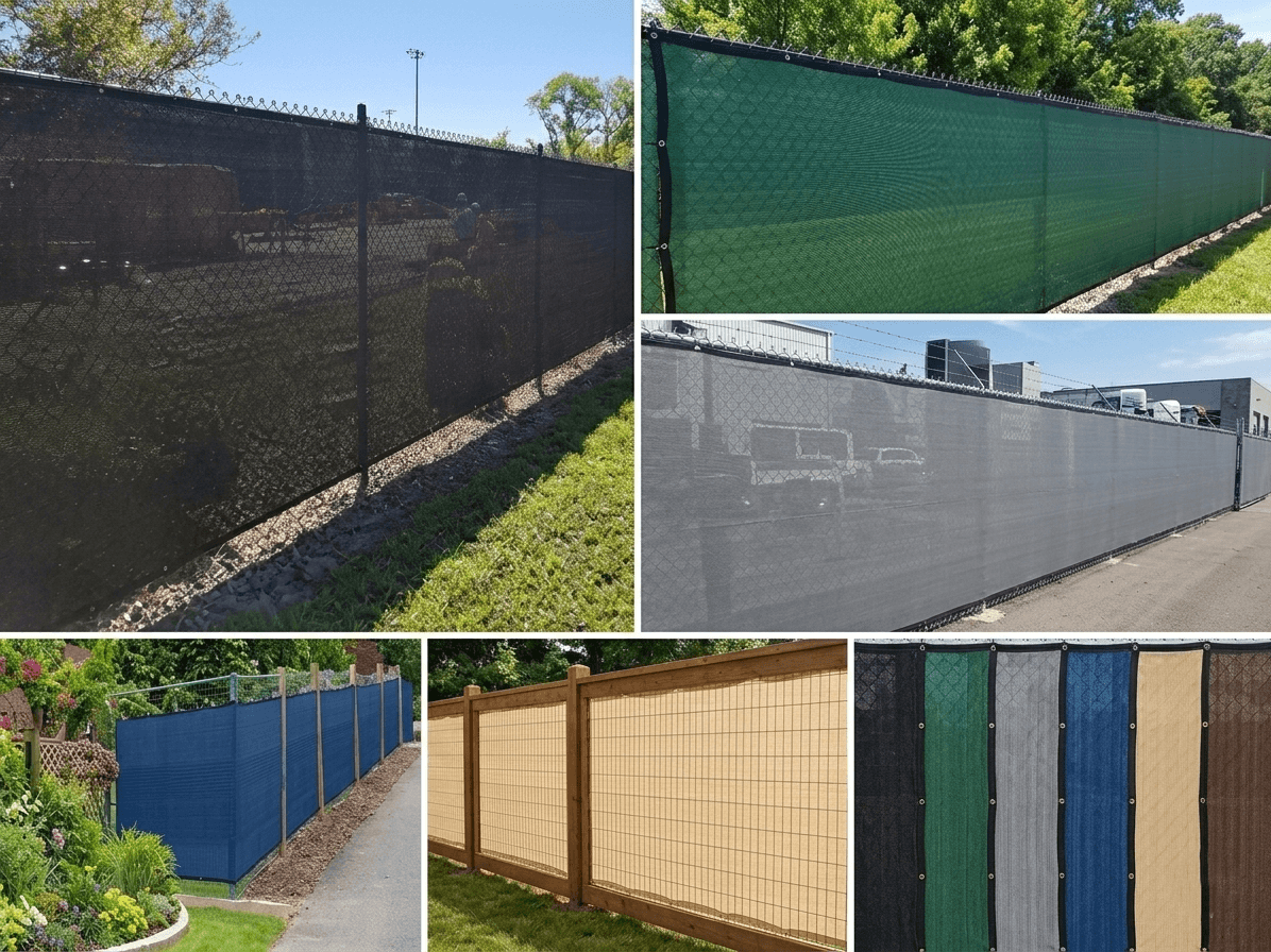 Mesh privacy screens in various colors installed on chain-link, wood, and garden fences.