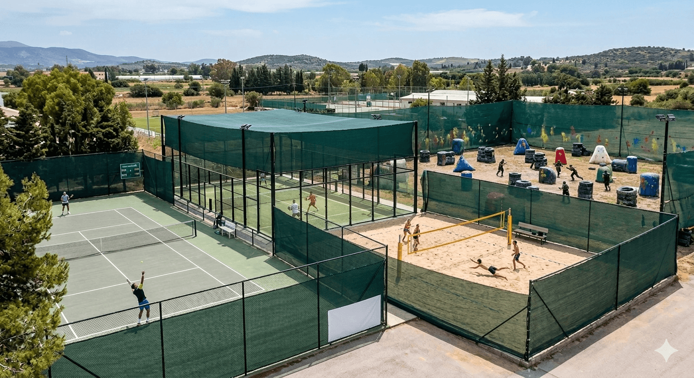 Aerial view of an outdoor sports complex featuring tennis, padel, beach volleyball, and paintball activities.