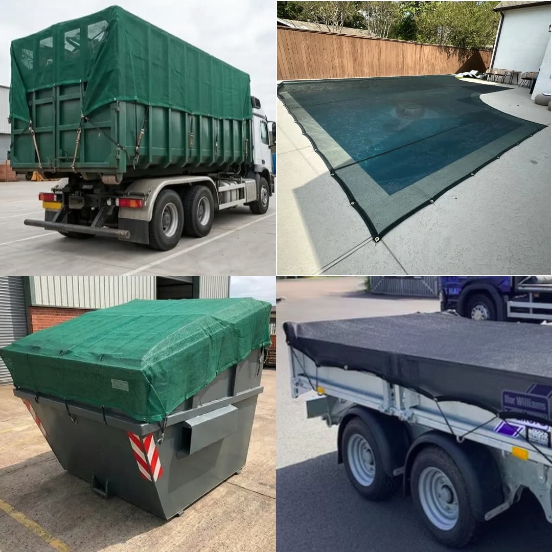 Durable mesh tarps covering a truck container, swimming pool, waste skip, and utility trailer.