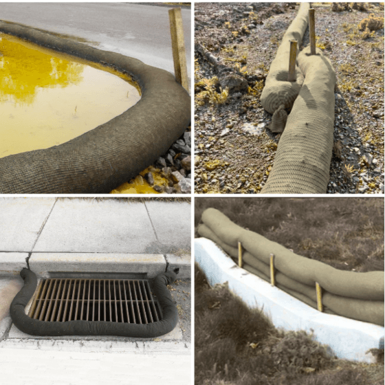 Collage of compost filter socks used for erosion control, sediment filtration, and storm drain protection.