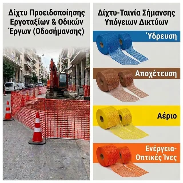 Construction site with orange safety fencing and various colored rolls of underground utility marking mesh.