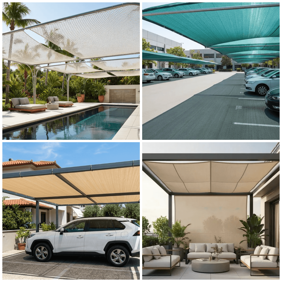 Collage of outdoor shade structures protecting a pool, parking lot, vehicle, and patio furniture.